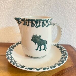 Charming Vintage Tienshan Cream and Green Moose Ceramic Creamer and Saucer